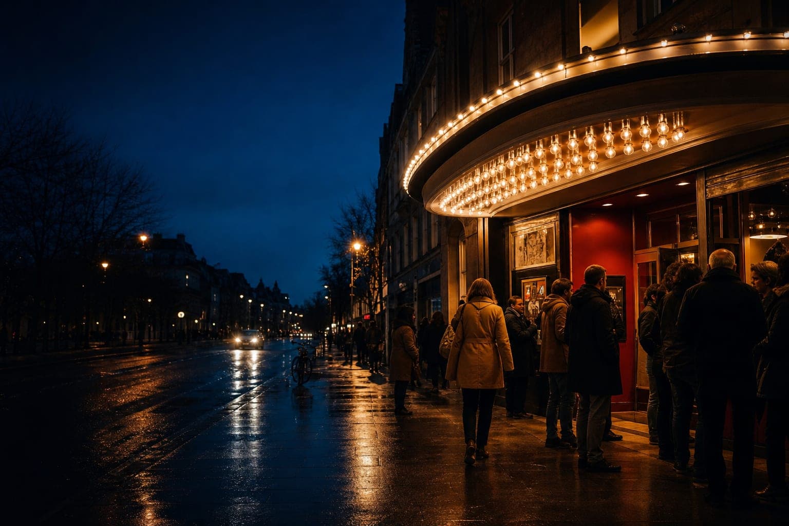 Festival audiences arriving at an independent cinema at blue hour