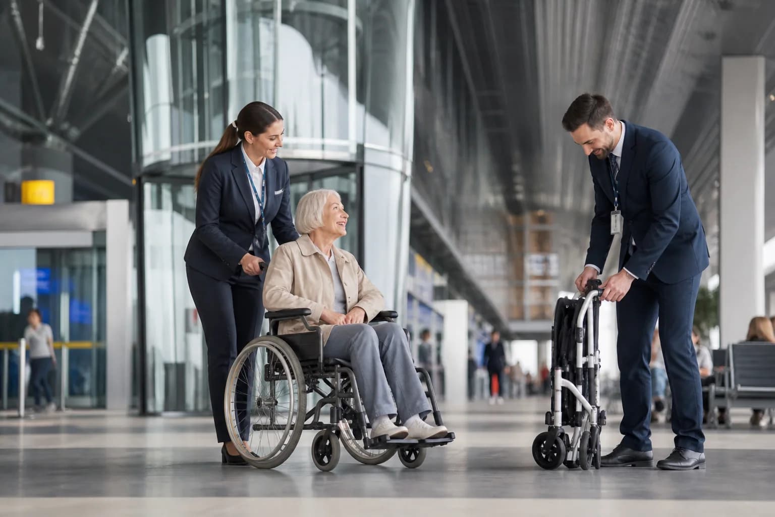 Staff assisting a reduced-mobility passenger in a European airport