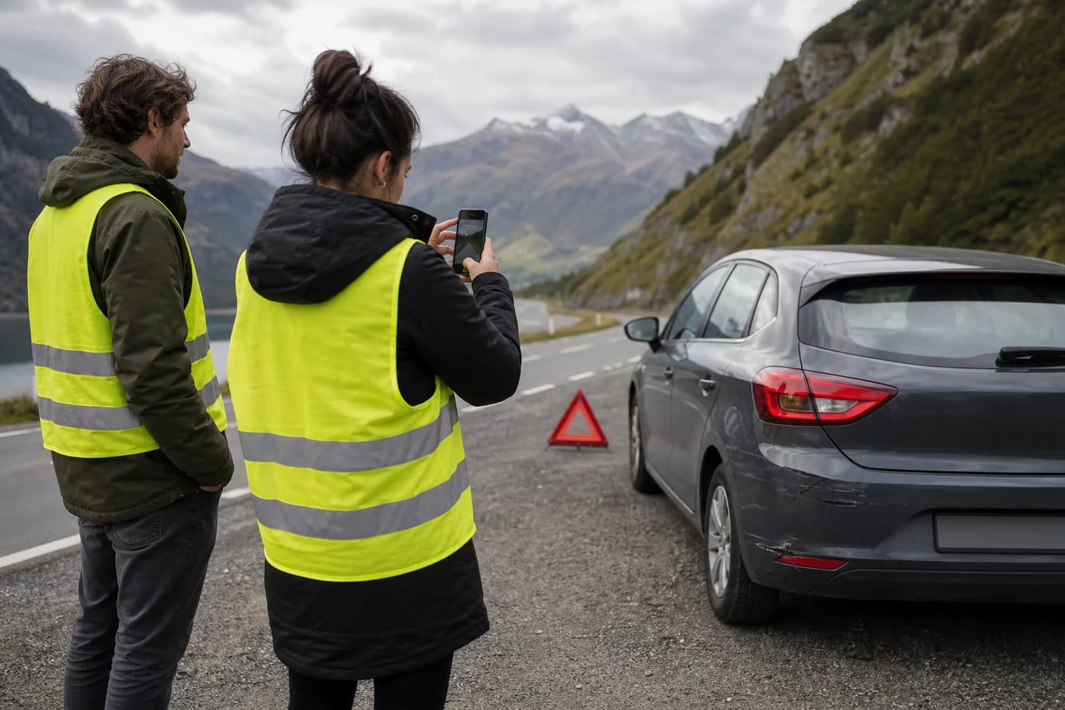 Travellers safely documenting minor car damage on a European road
