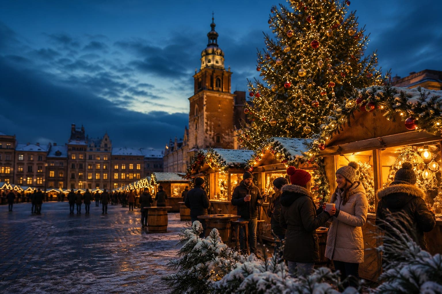 A European Christmas market lit up on a winter evening