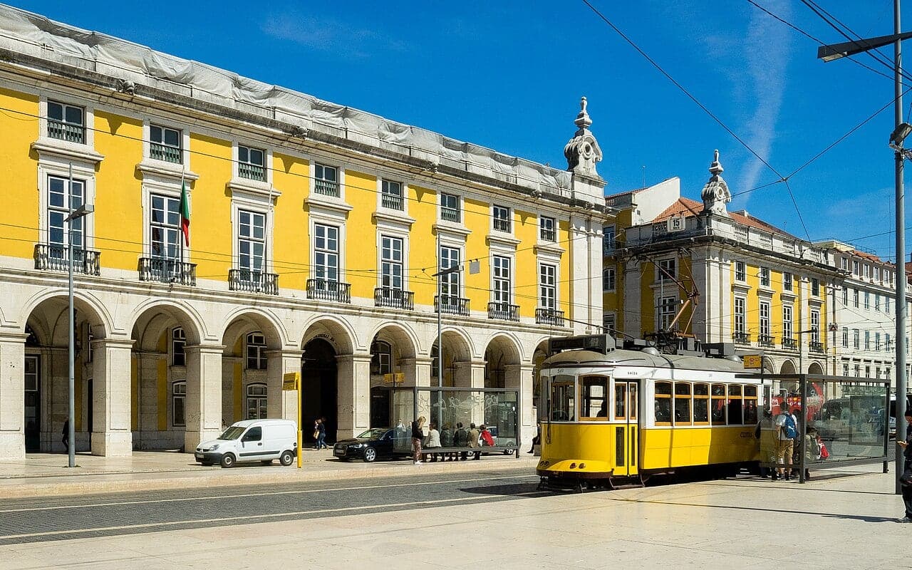Tram 28 climbing through the narrow streets of Lisbon