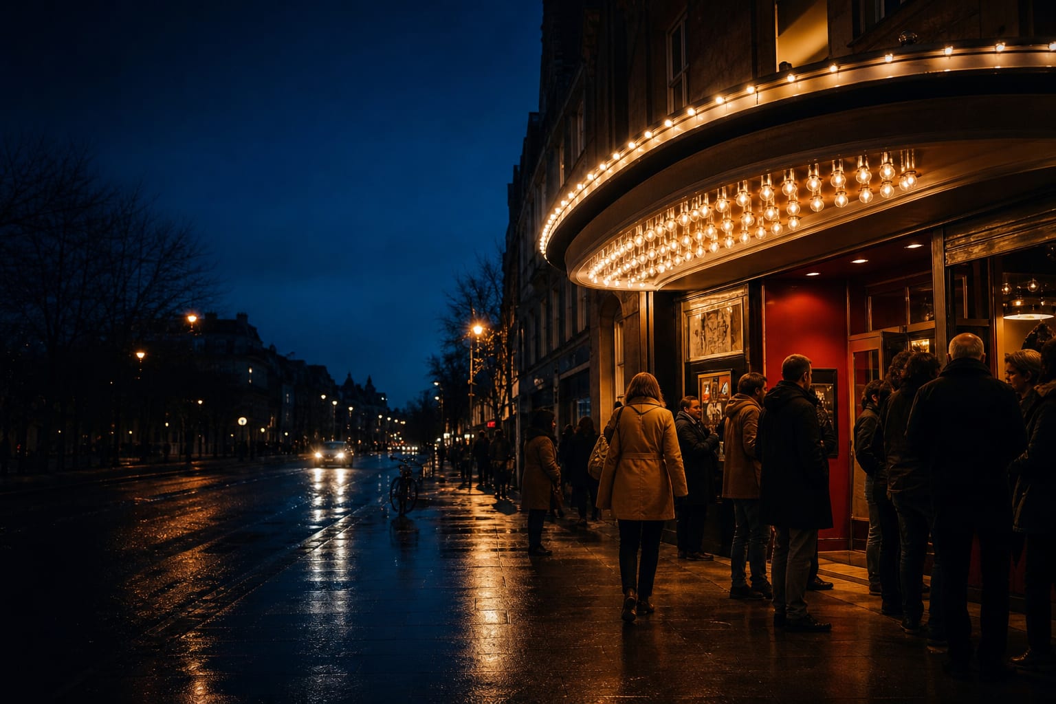 Festival audiences arriving at an independent cinema at blue hour