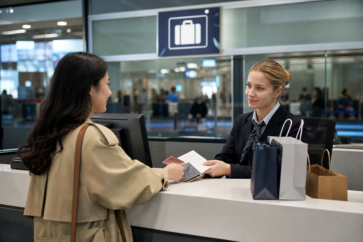 Non-EU traveller presenting purchases and VAT refund papers at airport customs