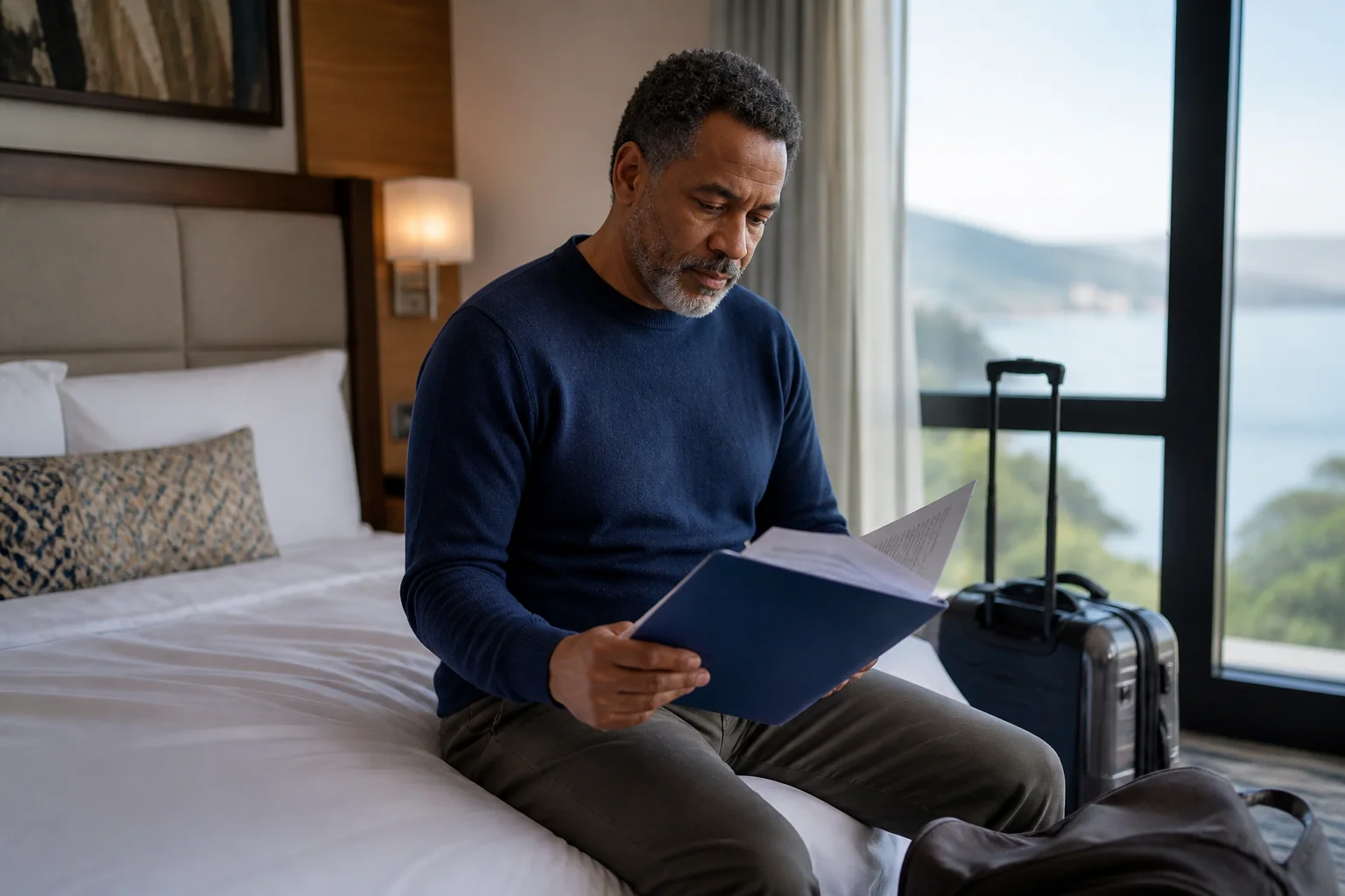 Traveller reviewing dialysis appointment documents in a hotel room