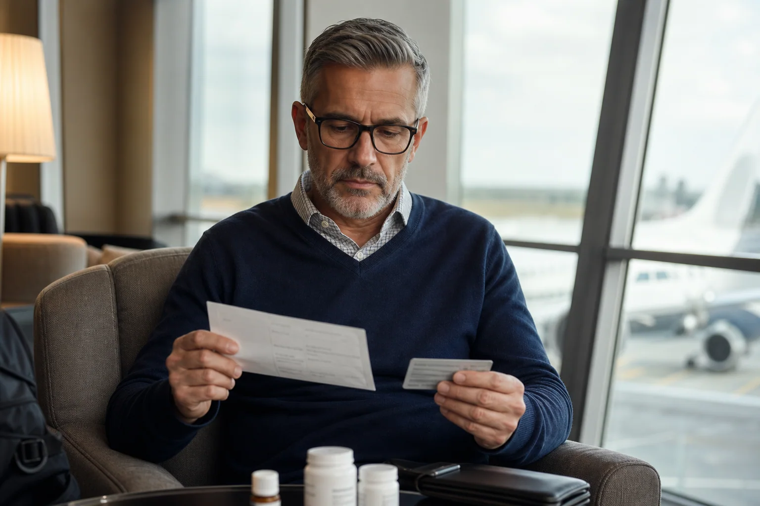 Traveller reviewing cardiac travel papers in an airport lounge