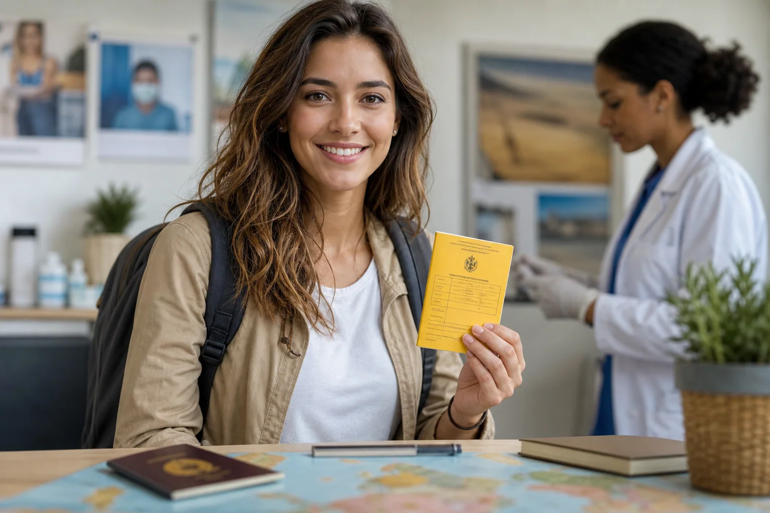 Traveller receiving a yellow international vaccination certificate at an authorised clinic