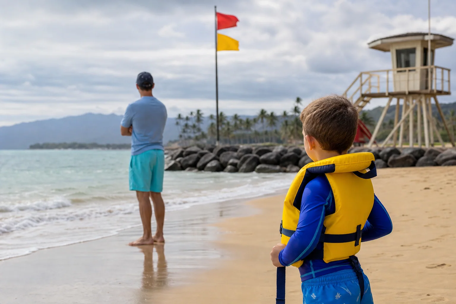 Family checking beach conditions while a child wears a lifejacket
