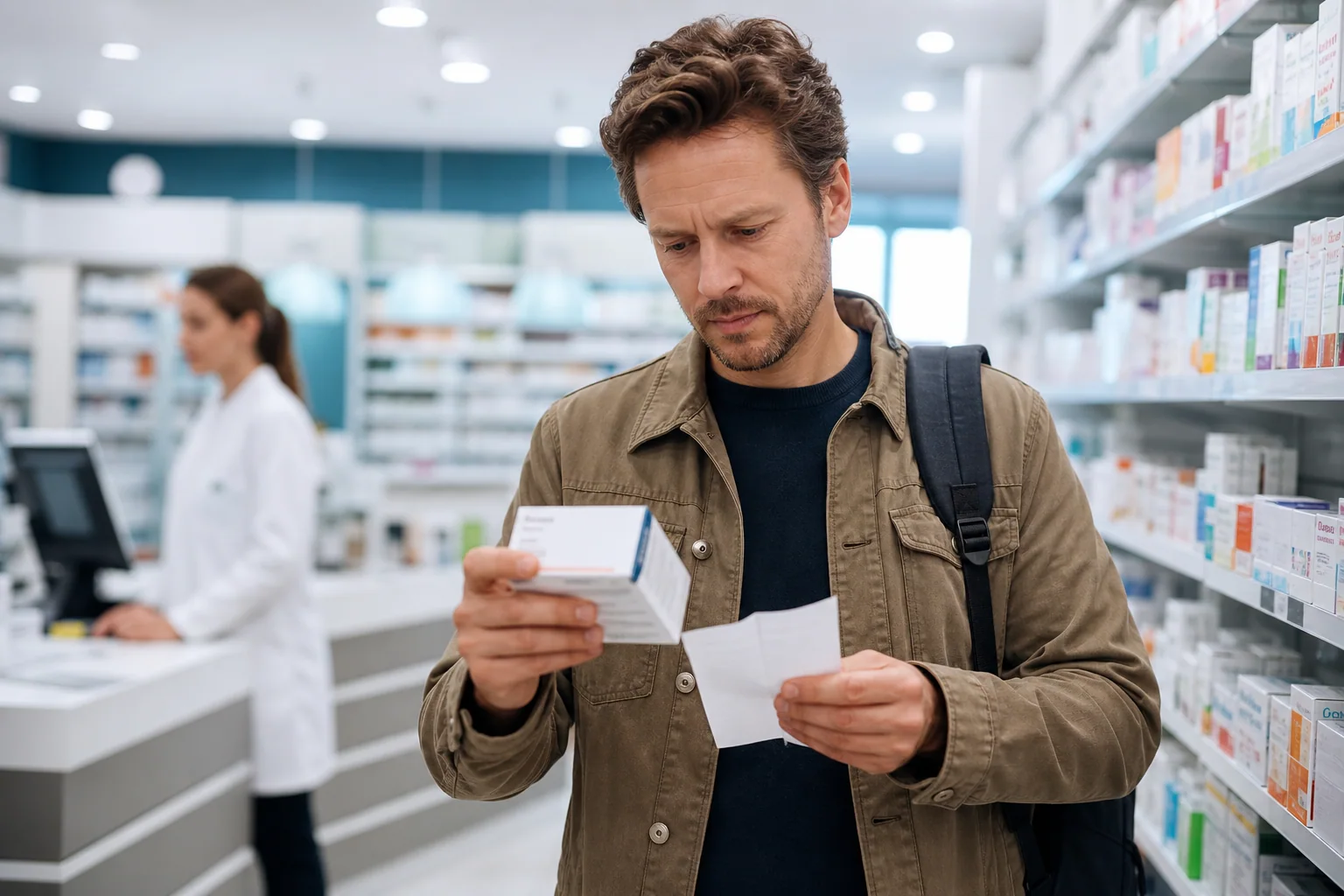 Traveller checking sealed medicine and a receipt at an authorised pharmacy