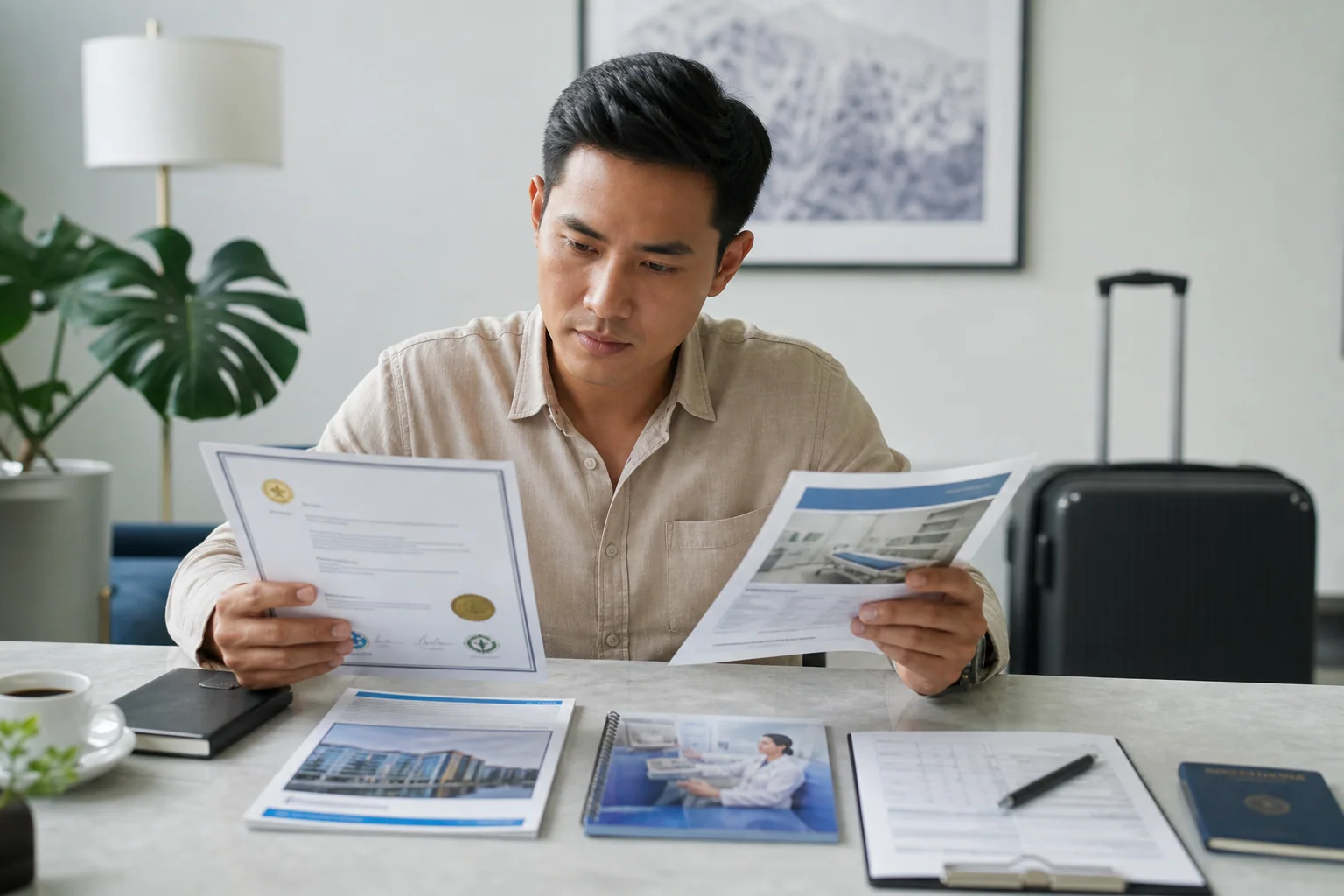 Traveller comparing overseas clinic and treatment documents