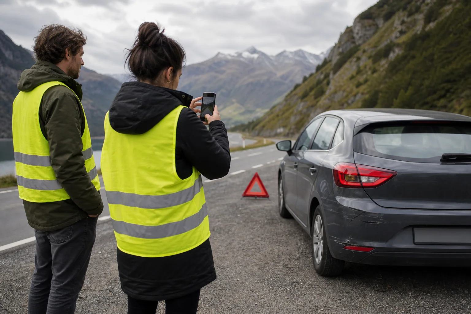 Travellers safely documenting minor car damage on a European road