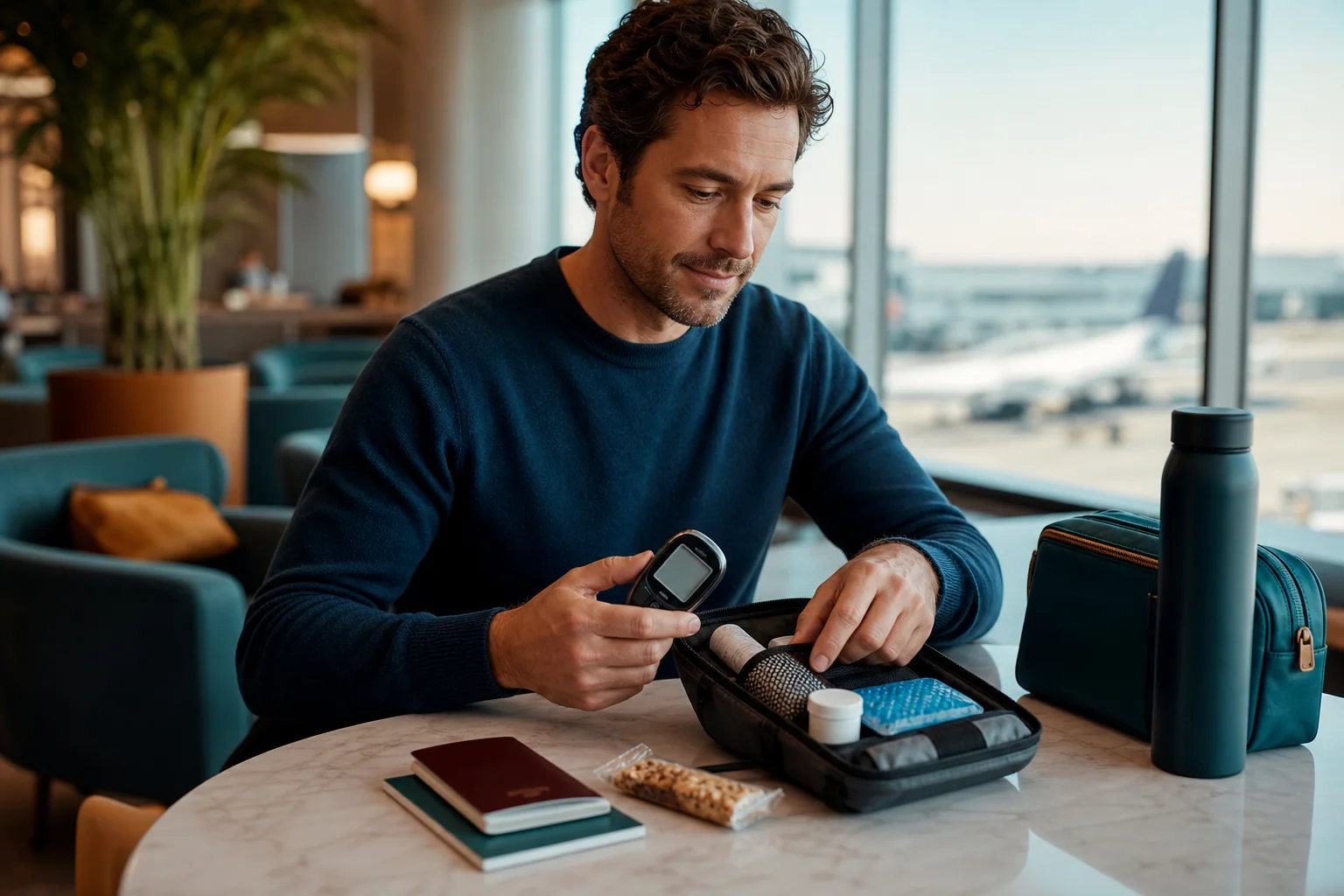 Traveller organising a diabetes travel kit at an airport