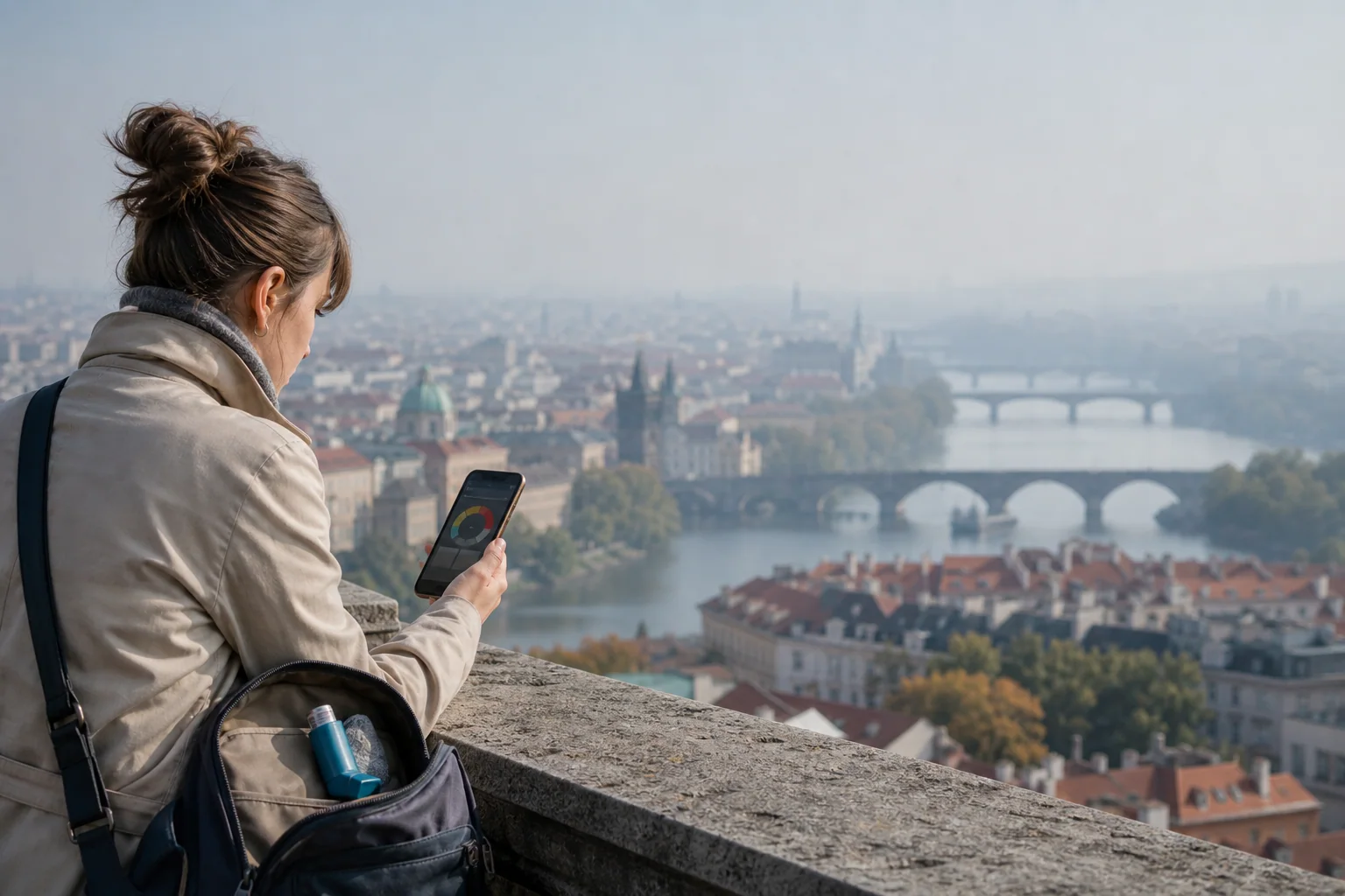 Traveller with asthma checking air quality above a hazy city