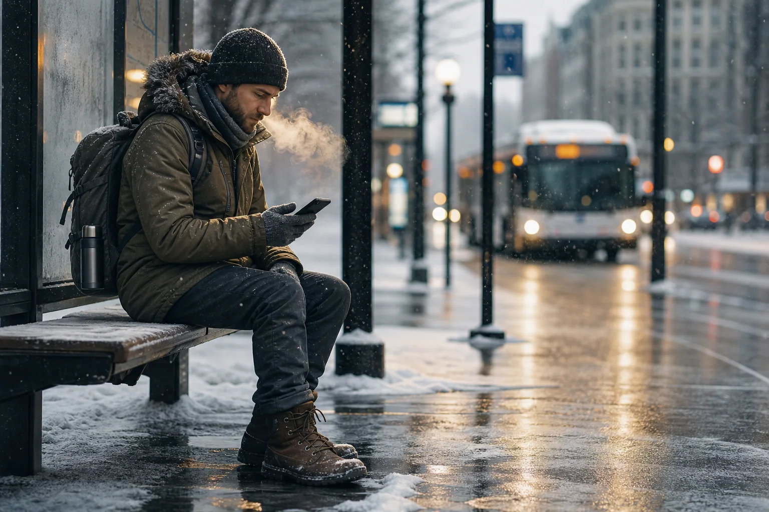 Layered traveller checking weather at a snowy city bus stop