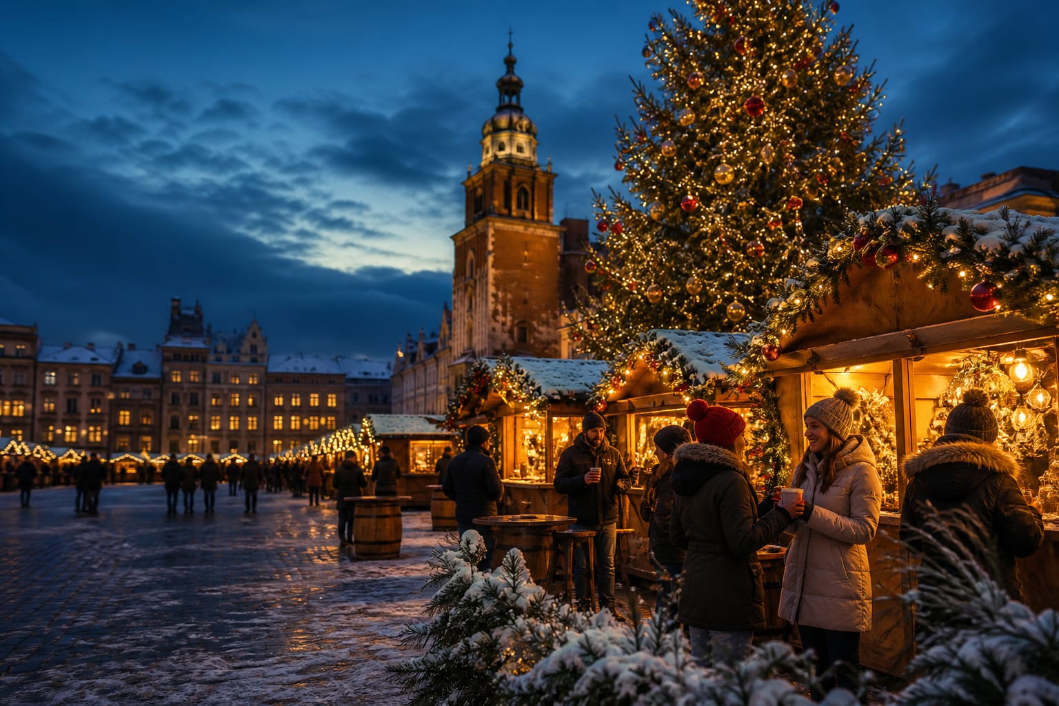 A European Christmas market lit up on a winter evening