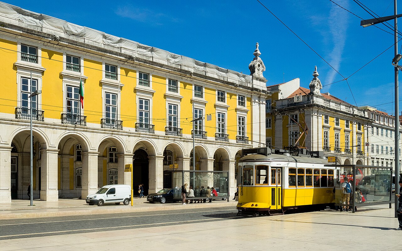 Tram 28 climbing through the narrow streets of Lisbon